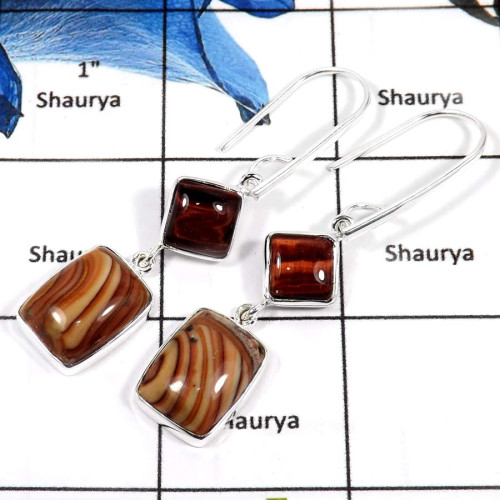 Sandstone & Tiger Eye Cab J - SDE650-Solid 925 Sterling Silver Sandstone & Tiger Eye Gemstone Party Wear Earrings