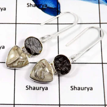 Crazy Lace Agate Cab & Black Rutle Cut C - SDE648-Natural Crazy Lace Agate & Black Rutle Gemstone Earrings 925 Sterling Silver Crazy Lace Agate Cab & Black Rutle Cut C - SDE648-Natural Crazy Lace Agate & Black Rutle Gemstone Earrings 925 Sterling Silver