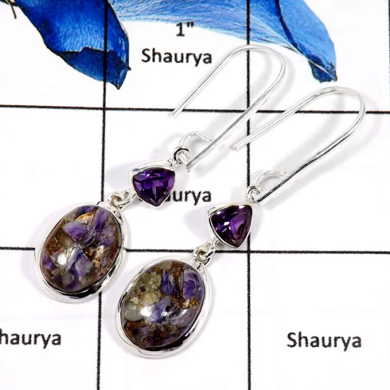 Mohave Purple Copper Charoite Cab & Amethyst Cut F - SDE640-Gorgeous Mohave Purple Copper Charoite & Amethyst Dangle Earrings 92 Mohave Purple Copper Charoite Cab & Amethyst Cut F - SDE640-Gorgeous Mohave Purple Copper Charoite & Amethyst Dangle Earrings 92