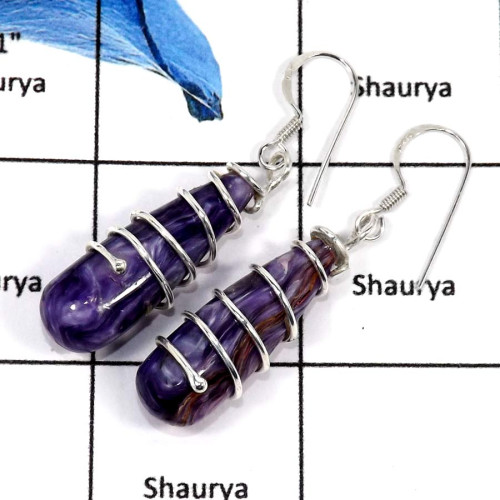 Charoite A - SDE637-Beautiful Colouful Stone Tubes Dangle Drops Earrings 925 Sterling Silver