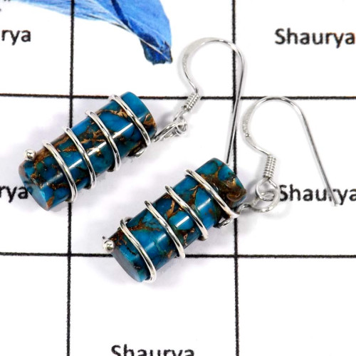 Blue Copper Turquoise B - SDE637-Beautiful Colouful Stone Tubes Dangle Drops Earrings 925 Sterling Silver