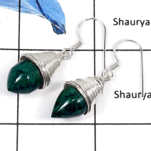 Crysocola E - SDE637-Beautiful Colouful Stone Tubes Dangle Drops Earrings 925 Sterling Silver