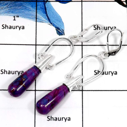 Purple Copper Turquoise G - SDE637-Beautiful Colouful Stone Tubes Dangle Drops Earrings 925 Sterling Silver