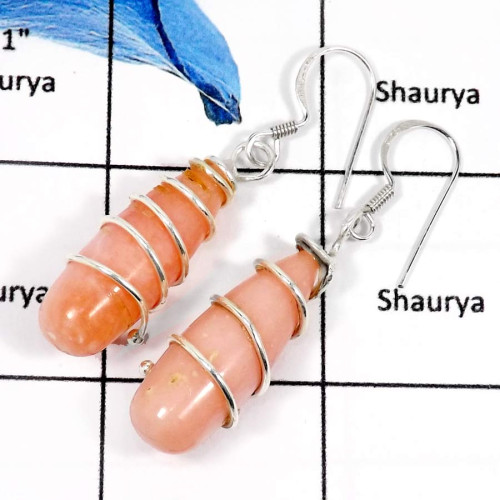 Pink Opal H - SDE637-Beautiful Colouful Stone Tubes Dangle Drops Earrings 925 Sterling Silver