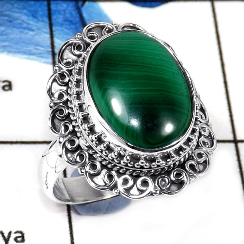 Malachite Cab A - SDR579-Party Wear Natural Cabochon Gemstone Designer Ring 925 Sterling Silver