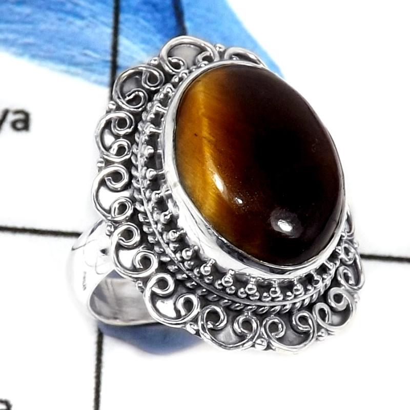 Tiger Eye Cab B - SDR579-Party Wear Natural Cabochon Gemstone Designer Ring 925 Sterling Silver