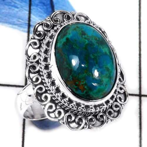 Chrysocolla Cab C - SDR579-Party Wear Natural Cabochon Gemstone Designer Ring 925 Sterling Silver