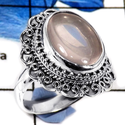 Rose Quartz Cab D - SDR579-Party Wear Natural Cabochon Gemstone Designer Ring 925 Sterling Silver