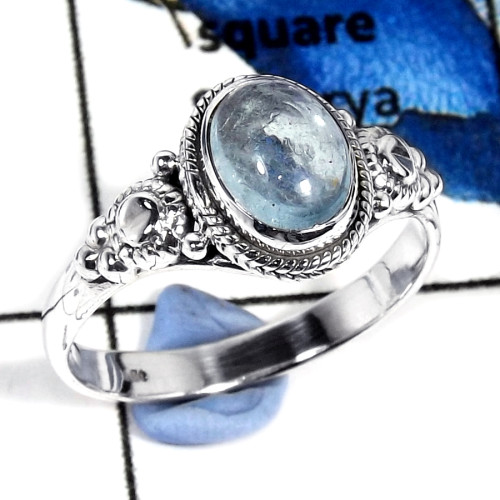 Aquamarine Cab C - SDR577-Solid 925 Sterling Silver Stunning Cab Gemstone Designer Ring