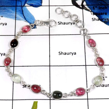 Tourmaline E - SBB890-Genuine Multicolor Tourmaline Cabs Handmade Bezel Bracelets 925 Sterling Silver