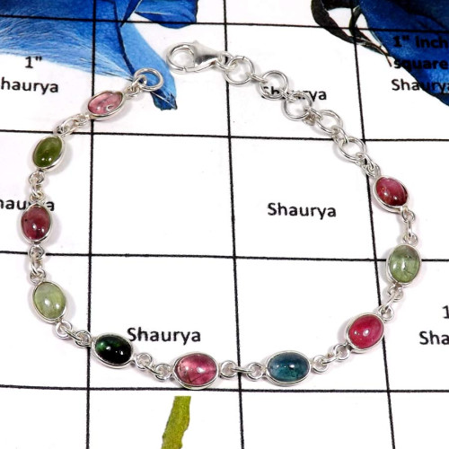 Tourmaline H - SBB890-Genuine Multicolor Tourmaline Cabs Handmade Bezel Bracelets 925 Sterling Silver