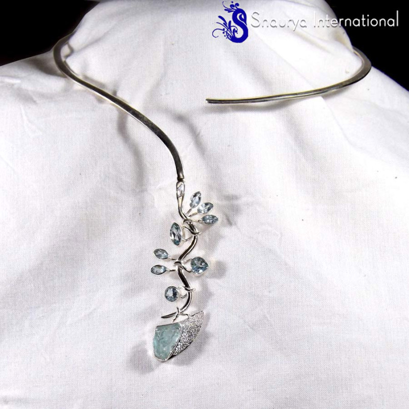 Blue Topaz & Aqumarine B - SDN961-Exclusive Handmade Adjustable Designer Necklace 925 Sterling Silver
