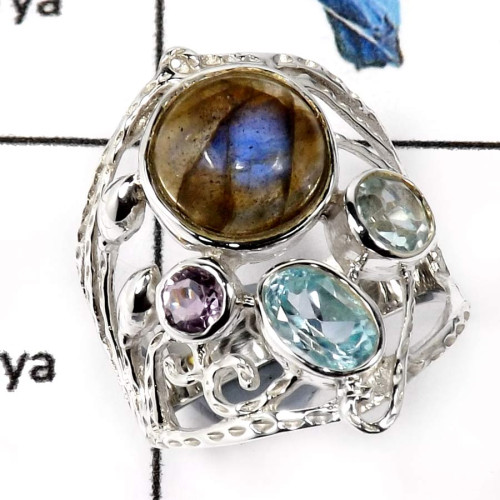 Labradorite Cab & Blue Topaz E - SCR781-Party Wear Casting Designer  Wholesale Rings 925 Sterling Silver