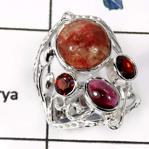 Rhodochrosite & Garnet F - SCR781-Party Wear Casting Designer  Wholesale Rings 925 Sterling Silver