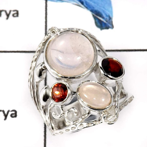 Rose Quartz & Garnet Cut H - SCR781-Party Wear Casting Designer  Wholesale Rings 925 Sterling Silver