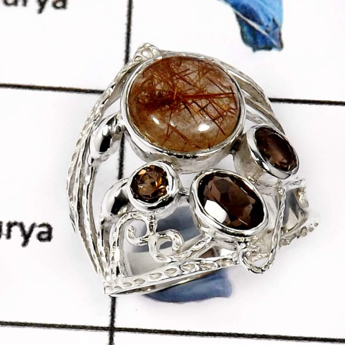 Golden Rutile & Smokey Quartz E - SCR780-Fabulous Colorful Gemstones Designer Casting Rings 925 Sterling Silver Golden Rutile & Smokey Quartz E - SCR780-Fabulous Colorful Gemstones Designer Casting Rings 925 Sterling Silver