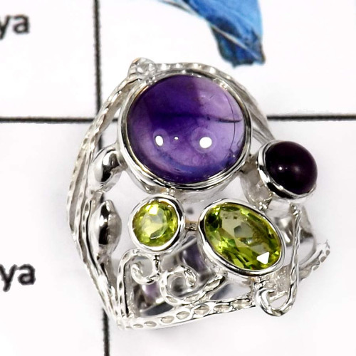 Amethyst Cab & Peridot Cut F - SCR780-Fabulous Colorful Gemstones Designer Casting Rings 925 Sterling Silver Amethyst Cab & Peridot Cut F - SCR780-Fabulous Colorful Gemstones Designer Casting Rings 925 Sterling Silver