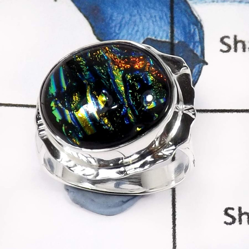 Dichroic Glass H - PSR742-Eye Catching Dichroic Glass Gemstones Wholesale Handmade Rings 925 Sterling Silver Dichroic Glass H - PSR742-Eye Catching Dichroic Glass Gemstones Wholesale Handmade Rings 925 Sterling Silver