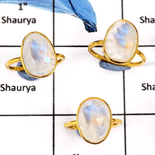 Rainbow Moonstone O - BGR966-Blue Fire Rainbow Moonstone 3 Pcs. Gold Plated Bezel Rings 925 Sterling Silver Rainbow Moonstone O - BGR966-Blue Fire Rainbow Moonstone 3 Pcs. Gold Plated Bezel Rings 925 Sterling Silver