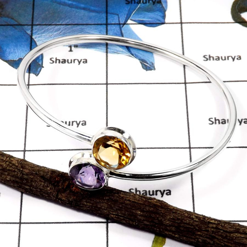 Citrine & Amethyst Cut O - SNB993-Glamorous Eye Catching Adjustable Bangle 925 Sterling Silver Citrine & Amethyst Cut O - SNB993-Glamorous Eye Catching Adjustable Bangle 925 Sterling Silver