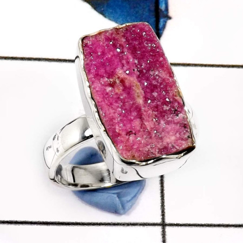 Cobalt Druzy O - SDR565-Natural Cobalt Calcite Druzy Handmade Wholesale Rings 925 Sterling Silver Cobalt Druzy O - SDR565-Natural Cobalt Calcite Druzy Handmade Wholesale Rings 925 Sterling Silver