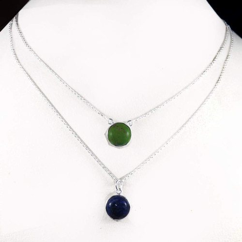 Green Turquoise & Lapis Lazuli O - BZN979-Glamorous Colorful Chain Bezel Necklace 925 Sterling Silver
