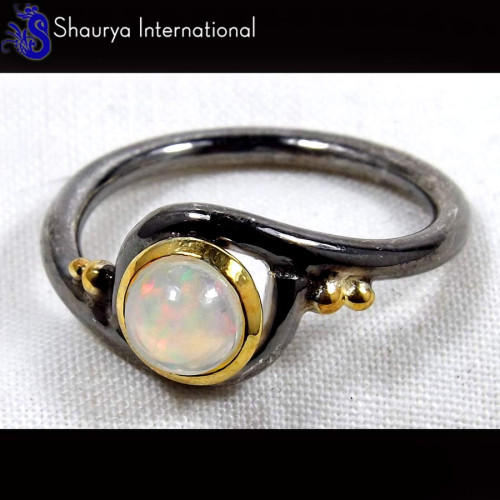Ethiopian Opal F - SFJ888-Genuine Ethiopian Opal Gemstone Black Rhodium Gold Plated Rings 925 Sterling Silver