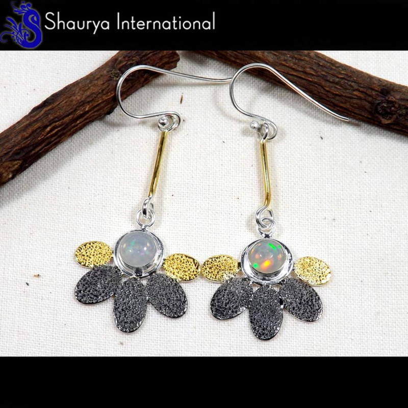 Ethiopian Opal C - SFJ886-Natural Multi Fire Ethiopian Opal Black Rhodium Gold Plated Earrings 925 Sterling Silver Ethiopian Opal C - SFJ886-Natural Multi Fire Ethiopian Opal Black Rhodium Gold Plated Earrings 925 Sterling Silver