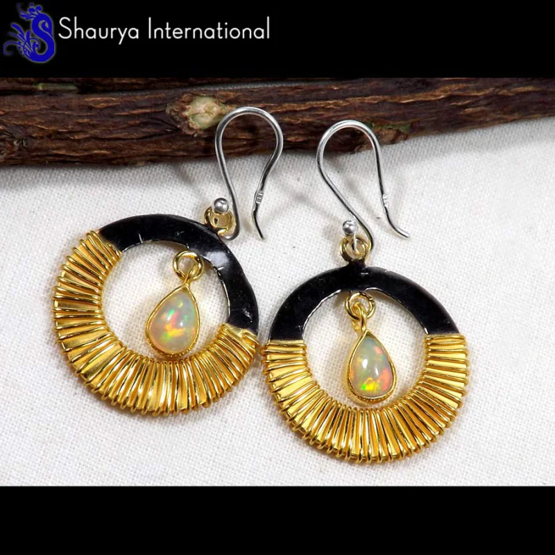 Ethiopian Opal O - SFJ886-Natural Multi Fire Ethiopian Opal Black Rhodium Gold Plated Earrings 925 Sterling Silver Ethiopian Opal O - SFJ886-Natural Multi Fire Ethiopian Opal Black Rhodium Gold Plated Earrings 925 Sterling Silver