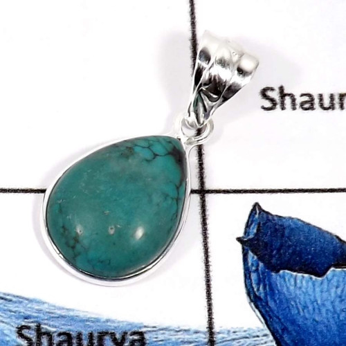 Tibet Turquoise E - BPS862-925 Sterling Silver Natural Tibet Turquoise Gemstone Wholesale Bezel Pendants