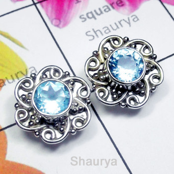 Blue Topaz F - SSE996-Sterling Silver Semiprecious Gemstone Stud Earring