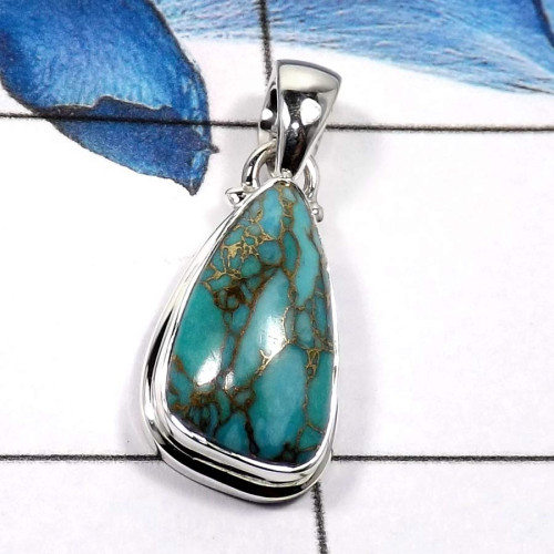 Blue Copper Turquoise O - ISP581-Exclusive Blue Copper Turquoise Wholesale Handmade Pendants 925 Sterling Silver