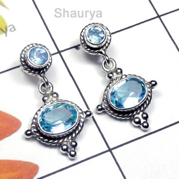 Blue Topaz E - SSE995-Exclusive Silver Fabulous Gemstone Stud Earring