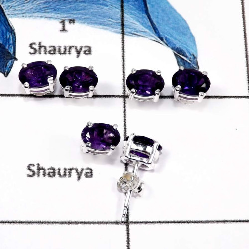 Amethyst Cut B - SSE844-5x7 Oval 3 Pairs Elegant Wholesale Lot Handmade Stud Earrings 925 Sterling Silver