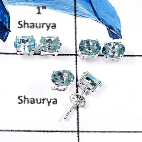 Blue Topaz H - SSE844-5x7 Oval 3 Pairs Elegant Wholesale Lot Handmade Stud Earrings 925 Sterling Silver