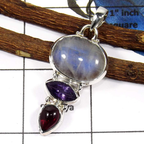 Rainbow Moonstone,Amethyst & Garnet Cab E - SSP768-Sparkling Rainbow Moonstone & Larimar Party Wear Pendants 925 Sterling Silver