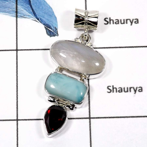 Rainbow Moonstone,Larimar & Garnet Cut H - SSP768-Sparkling Rainbow Moonstone & Larimar Party Wear Pendants 925 Sterling Silver