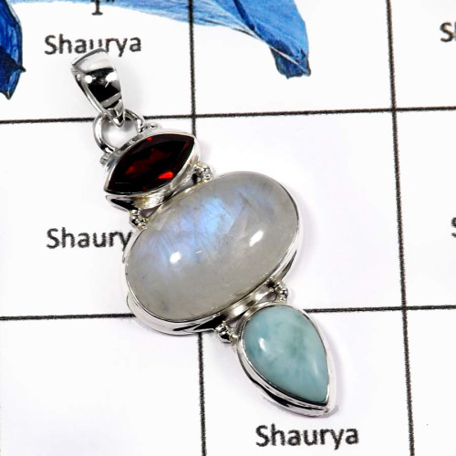 Rainbow Moonstone,Garnet Cut & Larimar I - SSP768-Sparkling Rainbow Moonstone & Larimar Party Wear Pendants 925 Sterling Silver