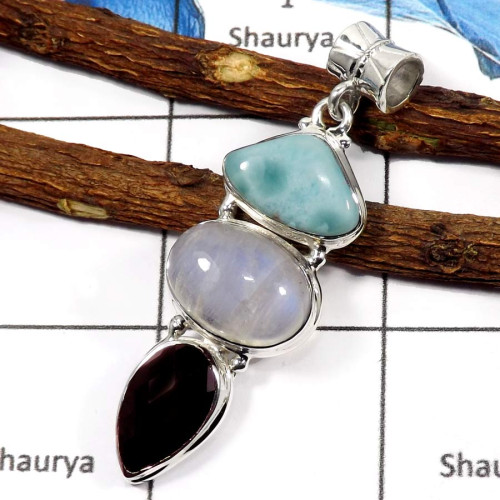 Rainbow Moonstone,Larimar & Garnet Cut D - SSP767-Pretty Look Three Stone Wholesale Pendants 925 Sterling Silver