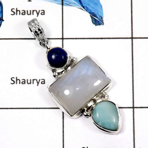 Lapis Lazuli,Rainbow Moonstone & Larimar B - SSP767-Pretty Look Three Stone Wholesale Pendants 925 Sterling Silver