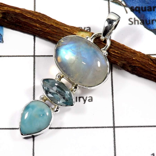 Rainbow Moonstone,Larimar & Larimar C - SSP766-Elegant Three Stone Cab & Cut  Wholesale Pendants 925 Sterling Silver