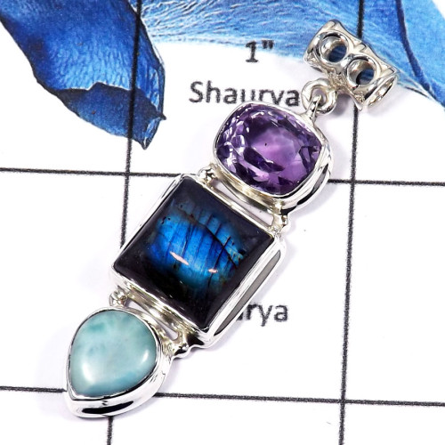 Amethyst Cut,Labradorite Cab & Larimar A - SSP764-Gorgeous Three Stone Cab & Cut Colorful Handmade Party Wear Pendants 925 Sterl