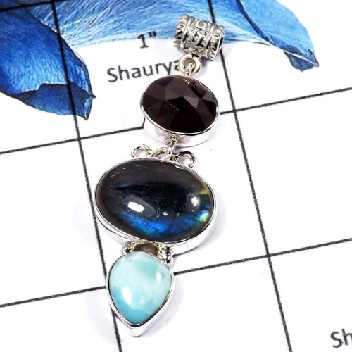Garnet Cut,Labradorite & Larimar B - SSP764-Gorgeous Three Stone Cab & Cut Colorful Handmade Party Wear Pendants 925 Sterling Si