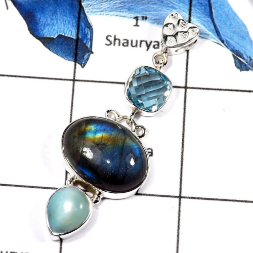 Blue Topaz,Labradorite & Larimar C - SSP764-Gorgeous Three Stone Cab & Cut Colorful Handmade Party Wear Pendants 925 Sterling Si
