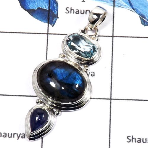 Blue Topaz,Labradorite & Tanzanite D - SSP764-Gorgeous Three Stone Cab & Cut Colorful Handmade Party Wear Pendants 925 Sterling 