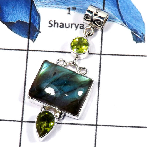 Peridot Cut & Labradorite E - SSP764-Gorgeous Three Stone Cab & Cut Colorful Handmade Party Wear Pendants 925 Sterling Silver