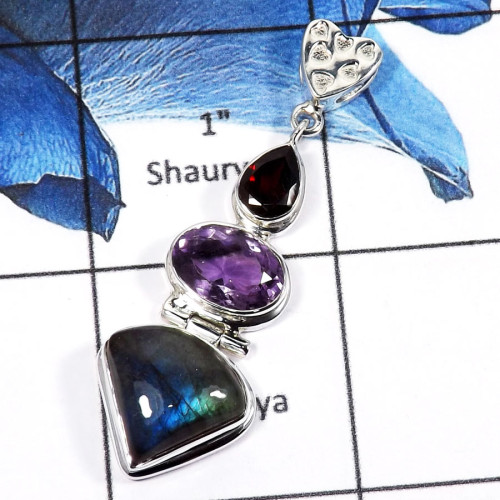 Garnet Cut,Amethyst Cut & Labradorite Cab F - SSP764-Gorgeous Three Stone Cab & Cut Colorful Handmade Party Wear Pendants 925 St