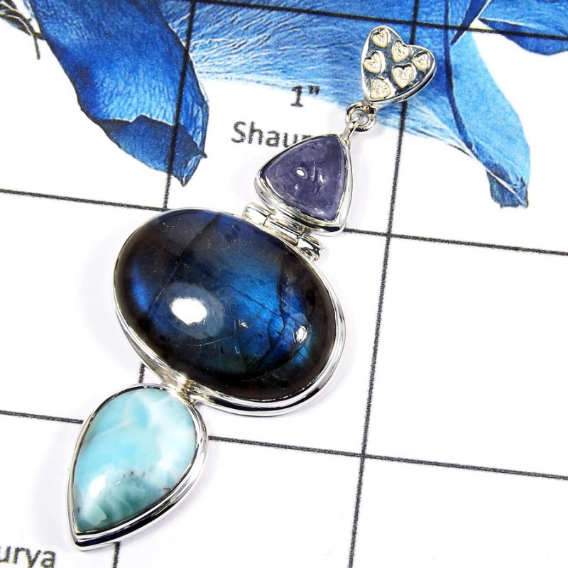 Tanzanite,Labradorite & Larimar G - SSP764-Gorgeous Three Stone Cab & Cut Colorful Handmade Party Wear Pendants 925 Sterling Sil Tanzanite,Labradorite & Larimar G - SSP764-Gorgeous Three Stone Cab & Cut Colorful Handmade Party Wear Pendants 925 Sterling Sil