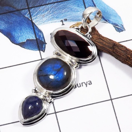 Garnet Cut,Labradorite & Tanzanite H - SSP764-Gorgeous Three Stone Cab & Cut Colorful Handmade Party Wear Pendants 925 Sterling 