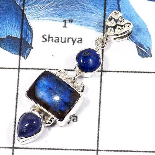 Lapis Lazuli,Labradorite & Tanzanite I - SSP764-Gorgeous Three Stone Cab & Cut Colorful Handmade Party Wear Pendants 925 Sterlin